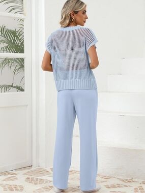 Sky Blue Knit Top & Wide-Leg Jumpsuit Set